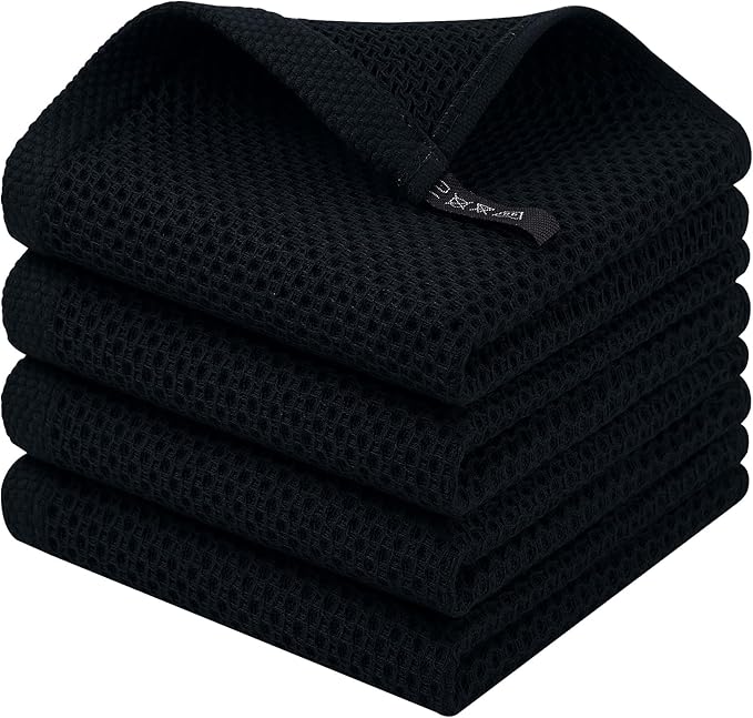 Homaxy 100% Cotton Waffle Weave Kitchen Dish Cloths, 4-Pack, Black | 12 x 12 Inches, Ultra Soft Absorbent Dish Towels, Quick Drying Dish Rags with Hanging Loop