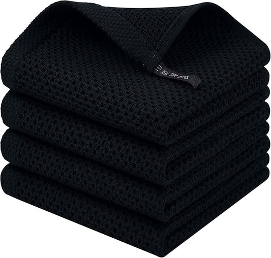 Homaxy 100% Cotton Waffle Weave Kitchen Dish Cloths, 4-Pack, Black | 12 x 12 Inches, Ultra Soft Absorbent Dish Towels, Quick Drying Dish Rags with Hanging Loop