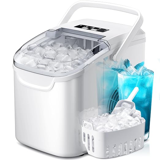 Crzoe Ice Makers Countertop with Handle, 2 Sizes of Ice, 8 Bullet Ice Cubes in 6 Mins, 26Lbs/24H, Portable Ice Maker with Self-Cleaning, Ice Machine for Home&Kitchen&Office&Party(White)