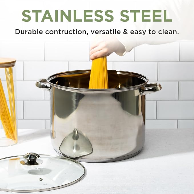 Ecolution Pure Intentions Stock Pot - Features Tempered Glass Lid, Keep Cool Handle, and Encapsulated Bottom - Oven Safe - Curbside Recyclable Stainless Steel - 16 Quarts