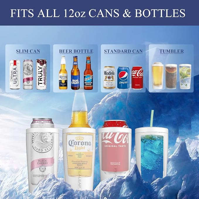 Pealeap 4-in-1 Insulated Slim Can Cooler for All 12oz Cans & Beer Bottles | Double-walled Stainless Steel Vacuum Can Cozy | Keep 8Hrs Cold | Universal Fits 12oz Drinks | No Sweat | Cup Holder Friendly
