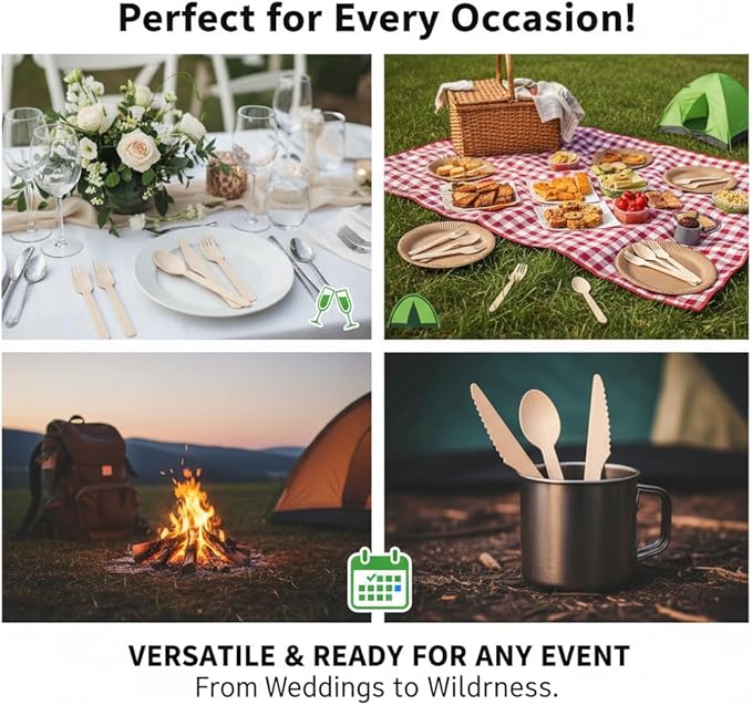 (150 Count) Disposable Wooden Cutlery Set - Alternative to Plastic, Eco Friendly, Biodegradable, Compostable Cutlery Set - 50 Wood Spoons, 50 Wooden Knives & 50 Wooden Forks Disposable Utensils Set