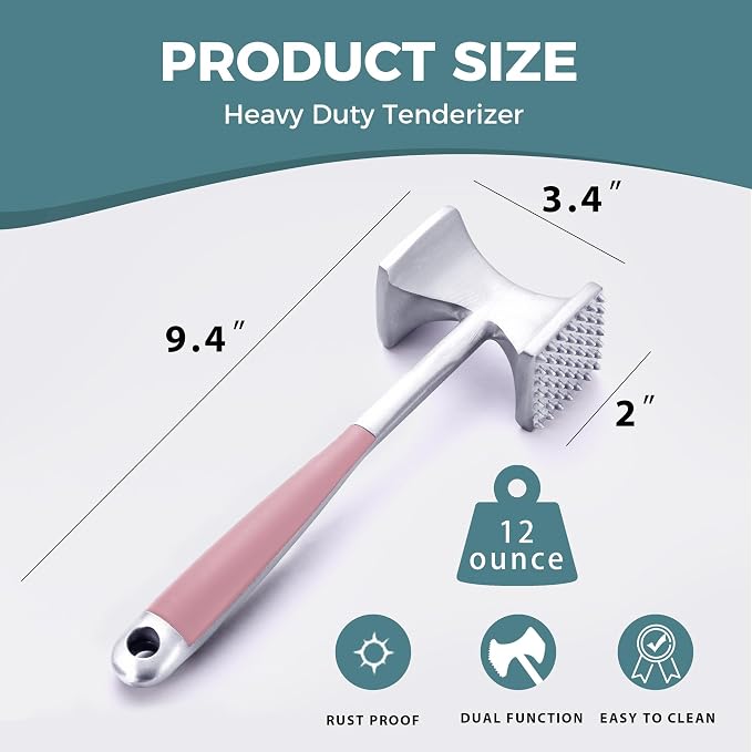 KITEXPERT Meat Tenderizer Hammer with Comfortable-Grip Handle, Dual-side Mallet for Kitchen, Heavy Duty Pounder For Tenderizing Steak, Beef and Fish, Pink