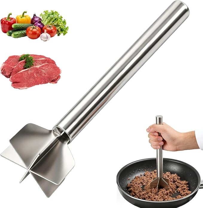 Meat Masher, Stainless Steel 6 Blade Ground Beef Chopper Tool | with Long Handle, Masher Shredder for Potato Hamburger Vegetable Puree, Dishwasher Safe