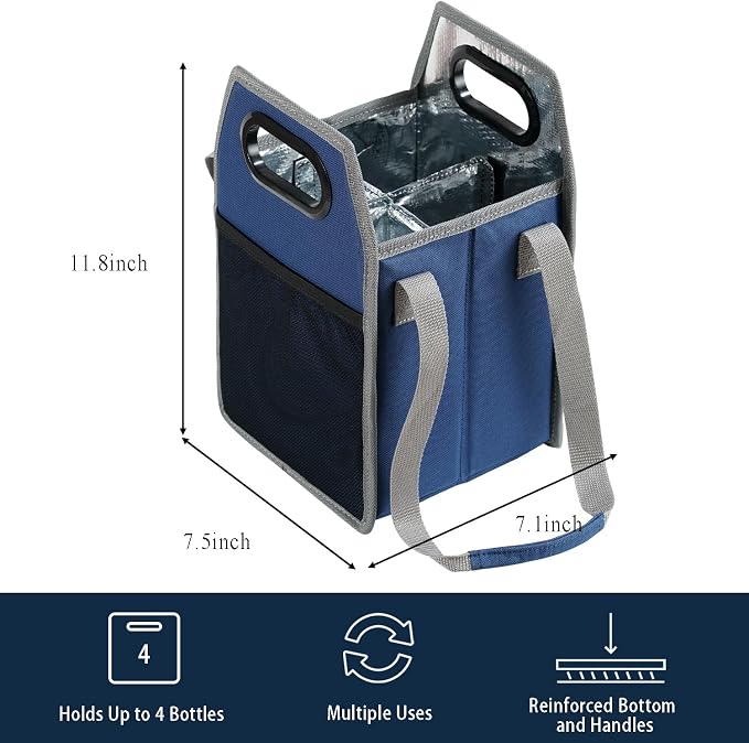 Collapsible 4 Bottle Storage Box Reusable Portable Wine Carrier Case for Tote Bag Moving, Vacation Bottle Caddy Grocery Shopping Accessory