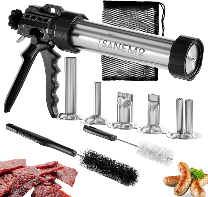 SANEMO Large Capacity Jerky Gun for Ground Meat - Easy to Use/Clean 1.5 LB Sausage Gun & Beef Jerky Maker Kit with 5 Stainless Steel Nozzles, 2 Cleaning Brushes, and 1 Mesh Bag for Easy Carrying.