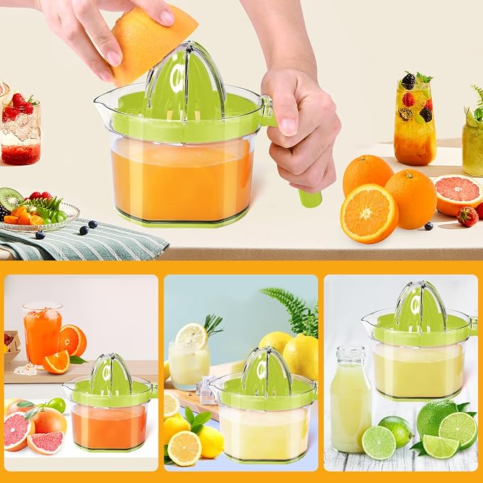Manual Lemon Squeezer - Multifunctional Citrus Hand Juicer, Green | Lemon Lime Squeezer, 16.9oz Capacity Orange Juicer, Detachable Comfortable Grip Handle, Built-in Measuring Cup and Grater
