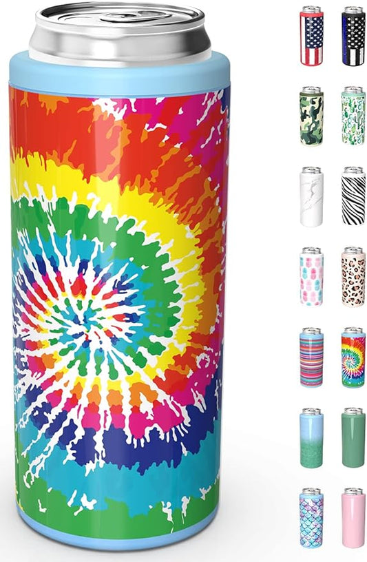 TILUCK Skinny Can Cooler, Stainless Steel Insulated Slim Cans, 12 oz | Beer & Hard Seltzer, Doucle-Walled Stainless Steel Insulated Slim Cans, Slim 12 oz(Spinning Rainbow)