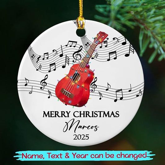 Custom Ukulele Musical Ceramic Xmas Tree Ornament with Name Text Year, Personalized Ukulele Instrument Ornaments Gift for Women Men Friends Husband Wife, Ukulelist Ukuleles Ceramic Christmas Ornament