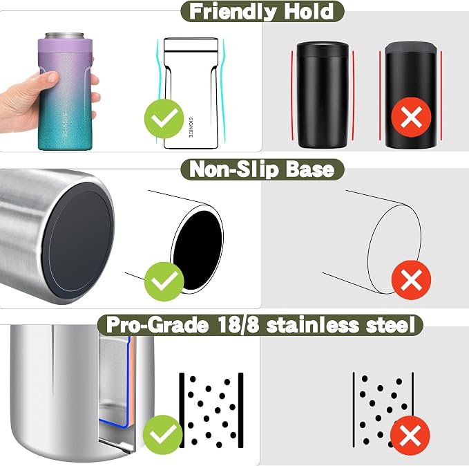 3 In 1 Insulated Universal Can Cooler - Signice Double Walled Vacuum Insulator Stainless Steel Slim Can Cooler for 12 Oz Skinny Tall Standard Regular Can Beer Bottle (Glitter Purple Blue)