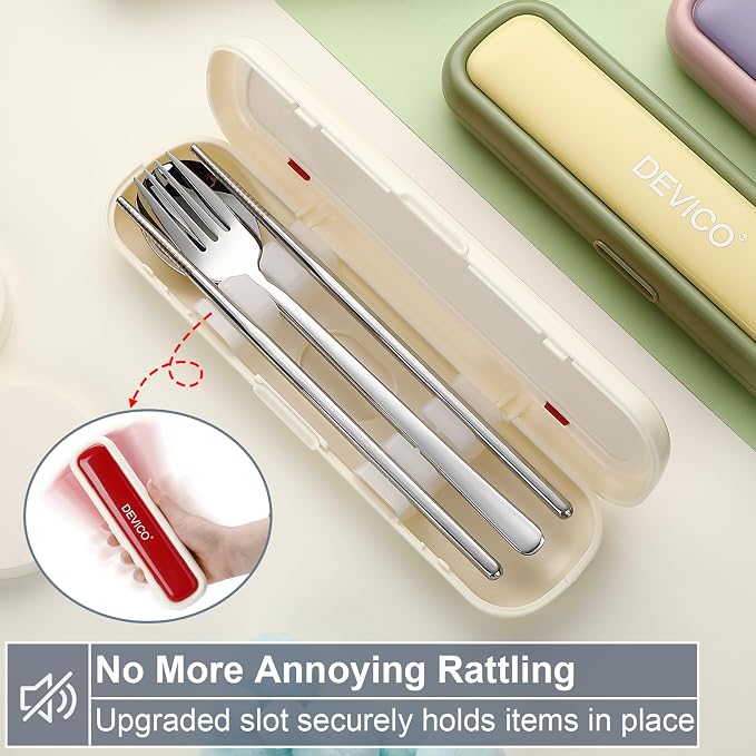DEVICO Utensils for Lunch Box, Portabl Korean Chopsticks Fork and Spoon Set | 4Pcs 18/8 Stainless Steel Travel Silverware Set with Case, for Camping/School, for Kids/Adults, Dishwasher Safe, Beige-Red