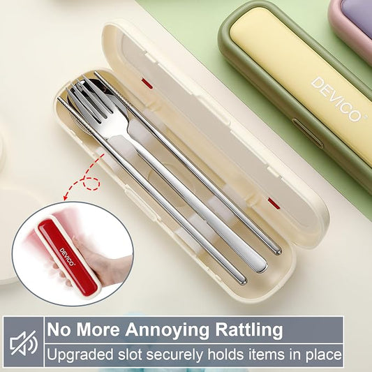 DEVICO Utensils for Lunch Box, Portabl Korean Chopsticks Fork and Spoon Set | 4Pcs 18/8 Stainless Steel Travel Silverware Set with Case, for Camping/School, for Kids/Adults, Dishwasher Safe, Beige-Red