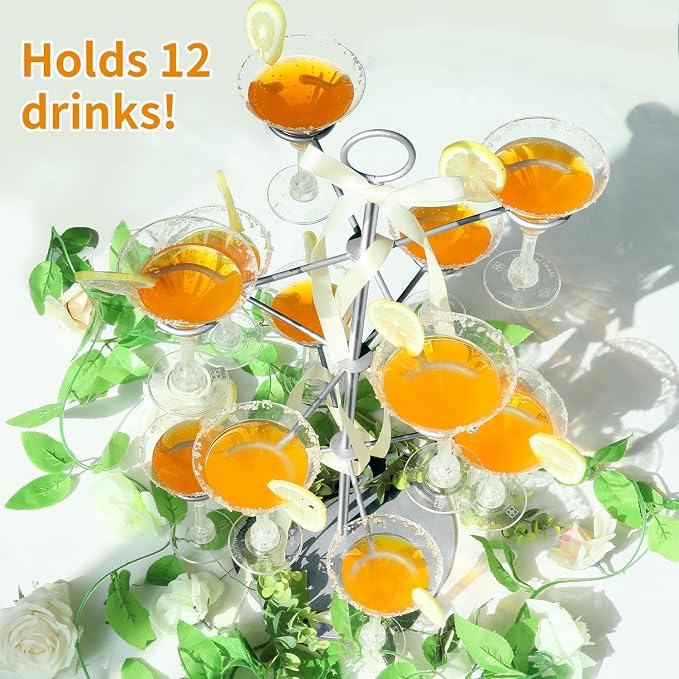 QPIX DIGITAL Cocktail Tree Stand, Metal Drink Tower, 3 Tier - 12 Holders For Champagne, Cocktails,Martini, Margarita Cups at Weddings, Bridal Shower, Mimosa Bar Parties & Events (Silver)