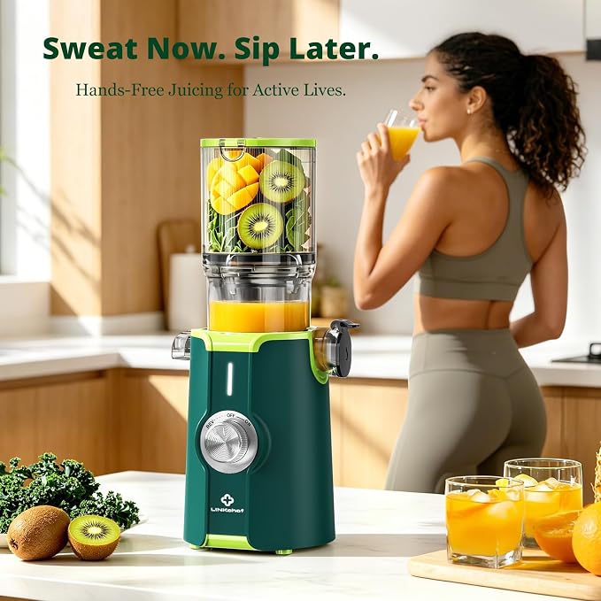 LINKChef Cold Press Juicer Machine, 4.53" Whole Fruit Slow Masticating Juicer with Auto Cutting, 200W Quiet Motor & High Juice Yield, Easy Clean Compact Juicer Extractor with Recipe Guide, Green