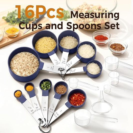 16PCS Measuring Cups and Spoons Set, Measuring Spoon Set with Metric and US Measurements, Fits for Measuring Dry and Liquid (Blue)