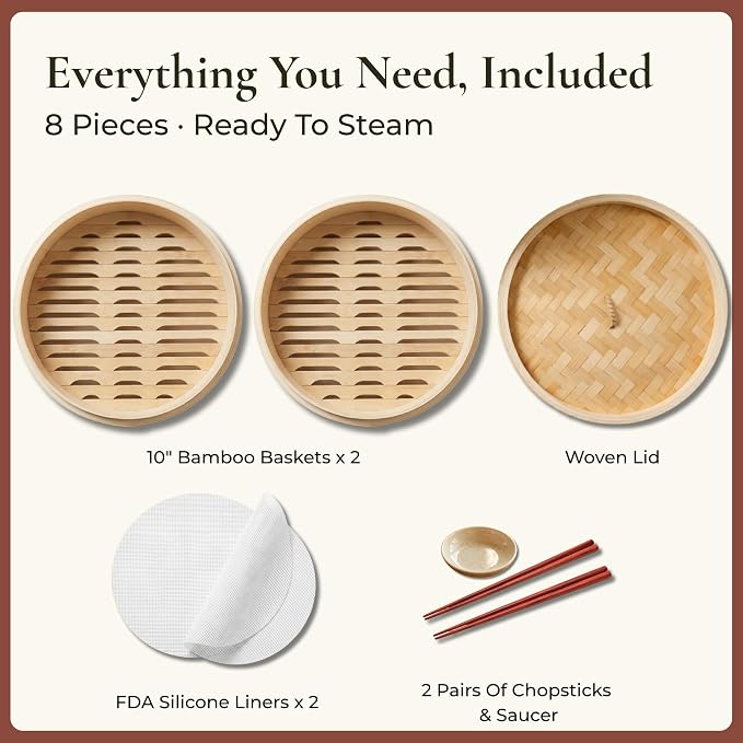 Bamboo Steamer Basket 10-Inch, 2-Tier Dumpling Steamer Cooking | Incl. Silicone Liners, Sauce Dish, Chopsticks - Steam Baskets for Food, Dim Sum, Bao Bun, Rice, Momo, Rice, Vegetables