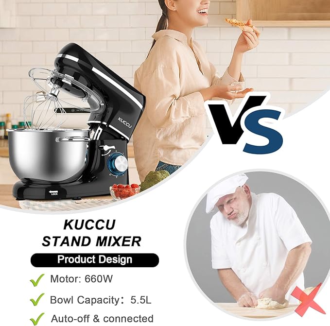 Stand Mixer, 660W, 6-Speed Tilt-Head Food Dough Mixer, Kitchen Electric Mixer with Stainless Steel Bowl,Dough Hook,Whisk, Beater, Egg white separator (6.5-QT, Black)…