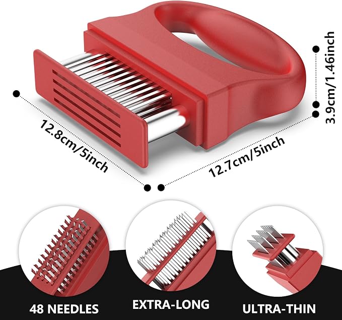 Meat Tenderizer Tool with 48 Stainless Steel Blades, Heavy-Duty Needle Tenderizer for Steak, Beef, Pork & Chicken, Kitchen Cooking Gadgets Tools Red