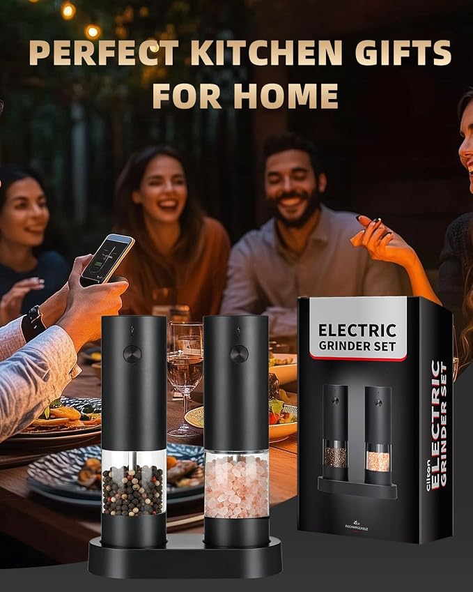 Electric Salt and Pepper Grinder Set Rechargeable, Automatic Salt and Pepper Shakers Mill Refillable, One Hand Operation Adjustable Coarseness, Kitchen Gadgets, House Warming Gifts New Home