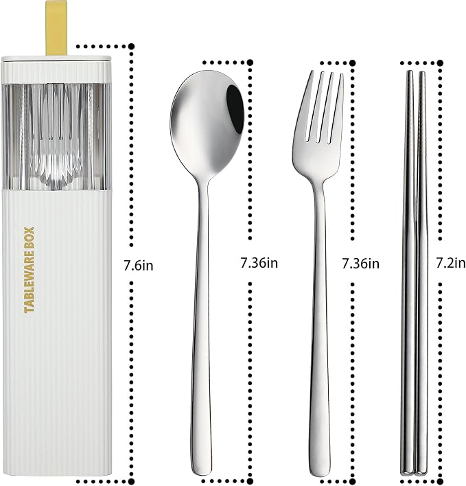 DEVICO Travel Utensils with Case, 4Pcs Korean Chopsticks Fork and Spoon Set | 18/8 Stainless Steel Portable Cutlery Set, Reusable Silverware for Lunch Box/Camping/Work/School, Dishwasher Safe, White