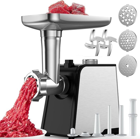 3200W Max Electric Meat Grinder & Sausage Stuffer - Mincer Machine with Tool 2 Blade And 3 Plates, 3 Tubes & Kubbe Kit Tool for Home Kitchen Use（Black）