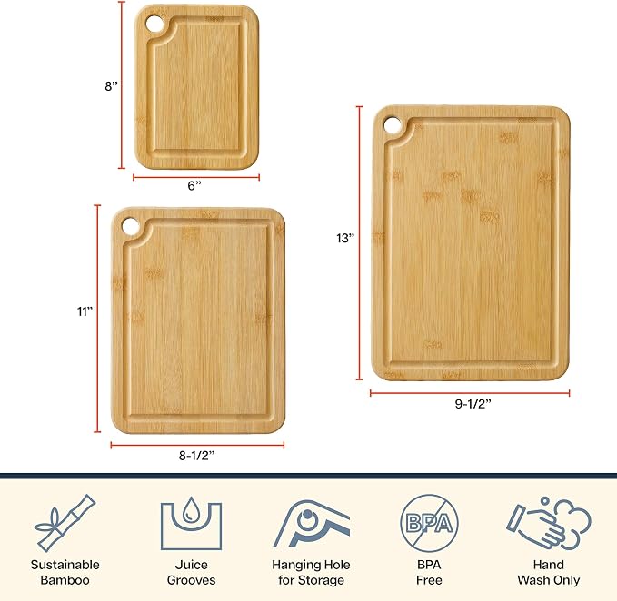 Totally Bamboo Cutting Boards for Kitchen with Juice Groove, Set of 3 – Bamboo Wood Cutting Board Set in Small, Medium & Large Sizes