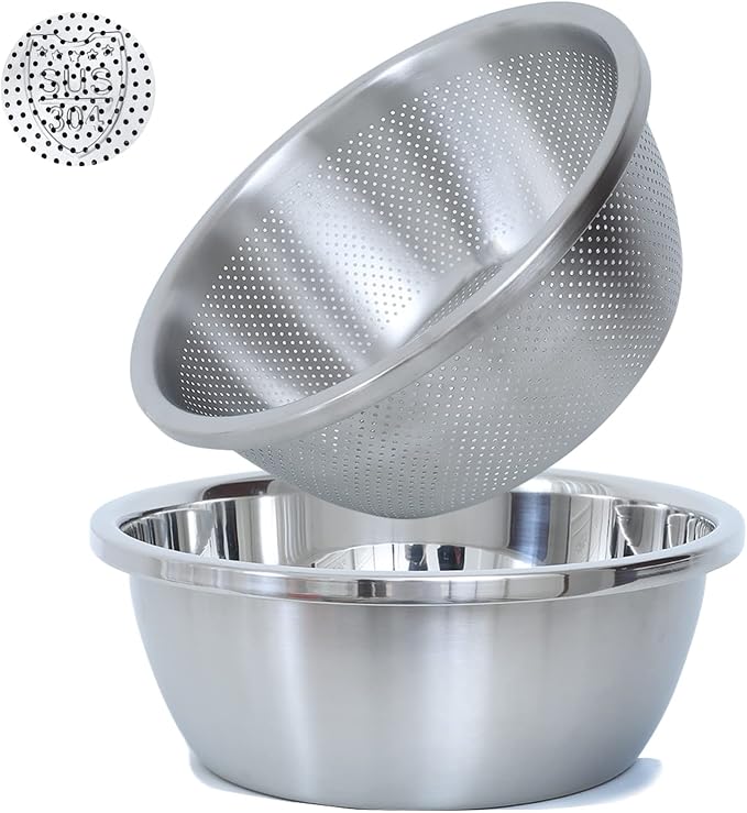 Paoli 304 Stainless Steel Fine Mesh Colander Set, 2.5QT Large Capacity Strainer with Mixing Bowl — Rinse Fruits, Veggies, Rice & Drain Pasta, Dishwasher Safe (2-Piece)