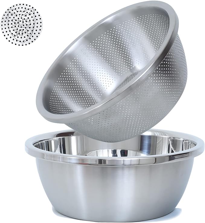 Paoli 304 Stainless Steel Fine Mesh Colander Set, 1.5QT Large Capacity Strainer with Mixing Bowl — Rinse Fruits, Veggies, Rice & Drain Pasta, Dishwasher Safe (2-Piece)