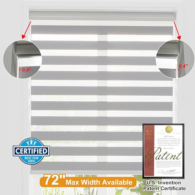 Persilux Cordless Zebra Blinds for Windows (47" W X 47" H, Grey) Free-Stop Roller Windows Shades Dual Layer Light Control for Day and Night, Light Filtering Sheer Shades for Home, Easy to Install