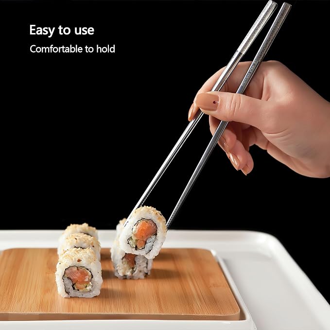 IQCWOOD 5 Pairs 18/8 Stainless Steel Chopsticks – Non-Slip Laser Engraved Metal Chopsticks for Asian Food Sushi Ramen Pho, Reusable & Dishwasher Safe Gift Box