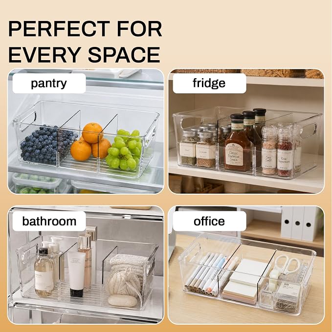 Mpotmiy 10-Pack Pantry Organizers and Storage, Clear Fridge Organizer Bins | Clear stackable plastic bins with removable dividers for packets, snacks, pouches and spices in pantry, fridge or freezer.