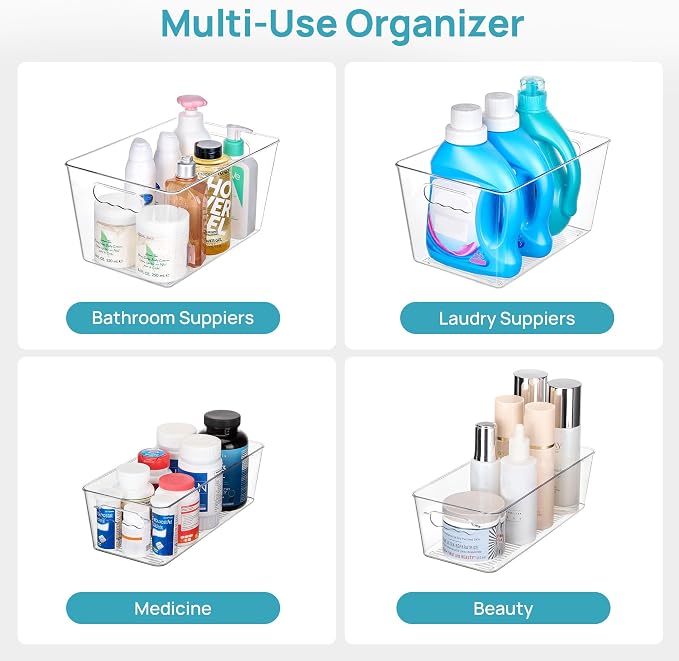Vtopmart 8 Pack Clear Storage Bins Set for Pantry Organizer | 4 Large and 4 Small Plastic Pantry Storage Bins with Handle, Storage Containers for Pantry, Kitchen, Fridge, Cabinet