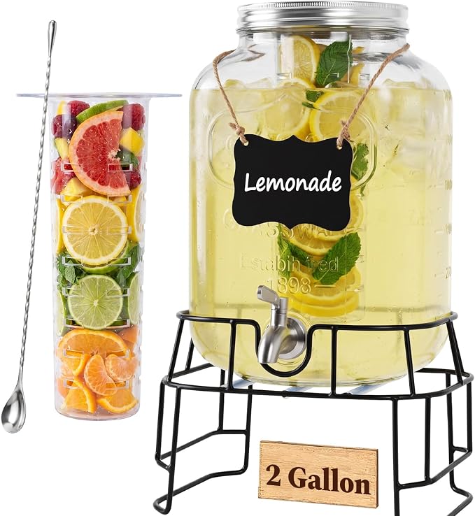 2 Gallon Glass Drink Dispensers for Parties, KIKCOIN Leakproof Beverage Dispenser with Stand & 18/10 Stainless Steel Spigot & Fruit Infuser -for Lemonade, Juice, Punch, Sun Tea Jars for Outside