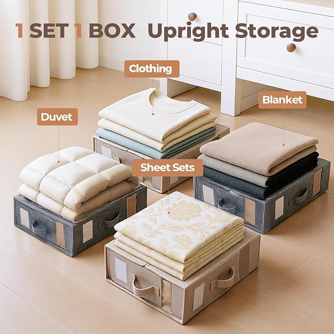 8Pack Sheet Organizers for Linen Closet - King/Queen Size Bedding Storage Boxes with Clear Window | Foldable, Dustproof Linen Organizer for Blankets & Sheet Sets,Beige