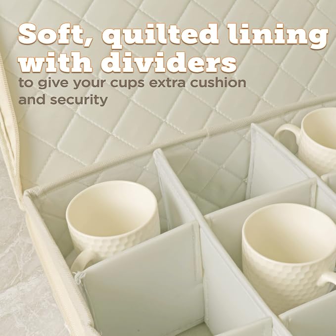 storageLAB Cup & Mug Storage Case | Hard Shell Felt Dividers | Cream | Hard shell case holds 12 cups or mugs in 4x4 felt compartments. Stackable, top-load, dual handles. Cream linen finish.