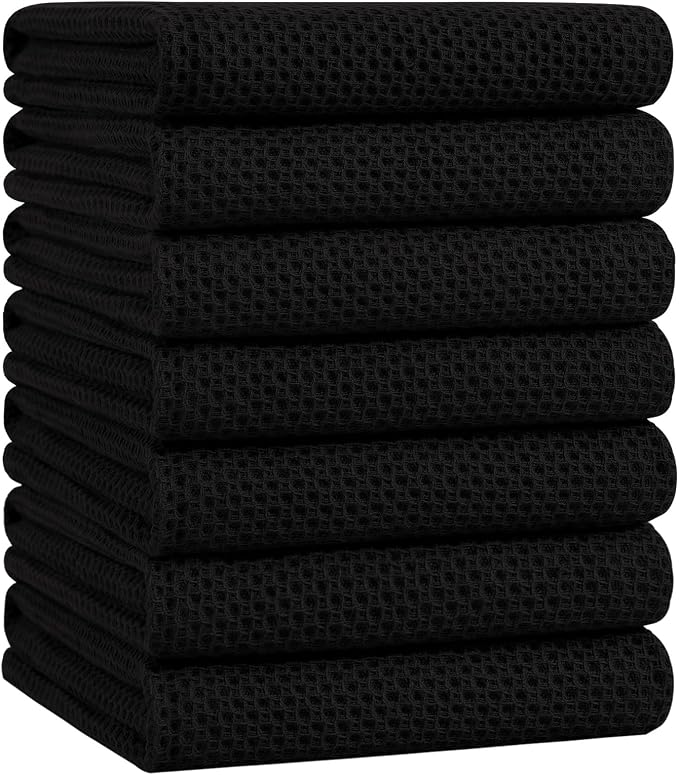 Homaxy 100% Cotton Oversized Waffle Weave Kitchen Towels, 7-Pack, Black | 20 x 28 Inches, Ultra Soft Absorbent Dish Towels, Quick Drying Large Cleaning Towels