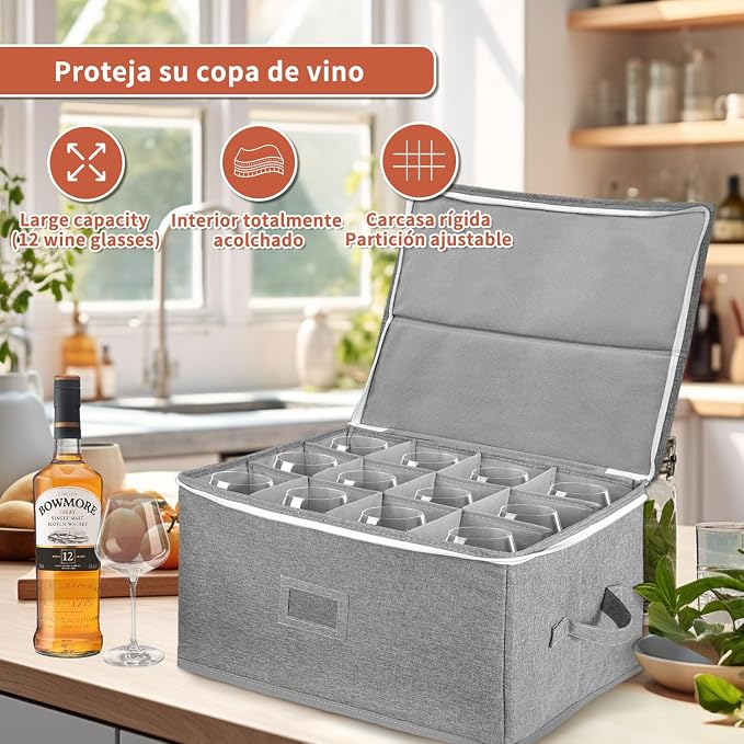 Wine Glass Storage Box Holds 12 - Stackable Hard Shell Organizer with Adjustable Dividers for Champagne Flutes & Crystal, Label Window, Durable Protector Case