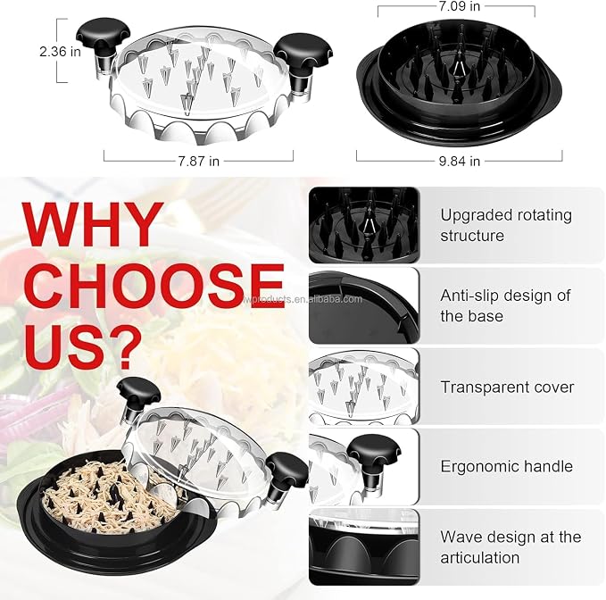 Chicken Shredder Tool Twist Large 10 Inch - Manual Chicken Breast Shredder, Clear Lid Meat Shredder Tool for Pork Beef, Non Slip Base, Easy Clean Dishwasher Safe (Black)