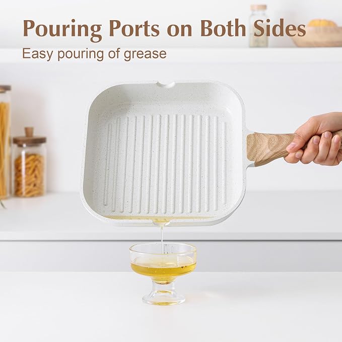 SENSARTE Nonstick Ceramic Grill Pan with Lid, Grill Pan for Stove Tops, Square Grilling Pan with Pour Spouts, Durable Grill Skillet for All Stoves, Steak Bacon Pan, Non Toxic PTFE,PFAS,PFOA Free
