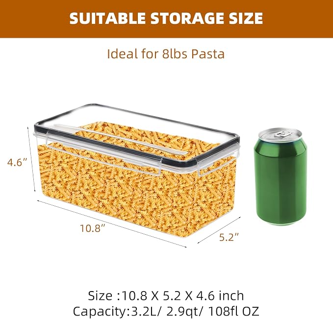 4pc 3.2L Large Airtight Plastic Canisters with Lids, Cups & Labels | Plastic Food Storage with Labels for Spaghetti, Cereal, Oats & Kitchen Pantry Organization, 4 Pack