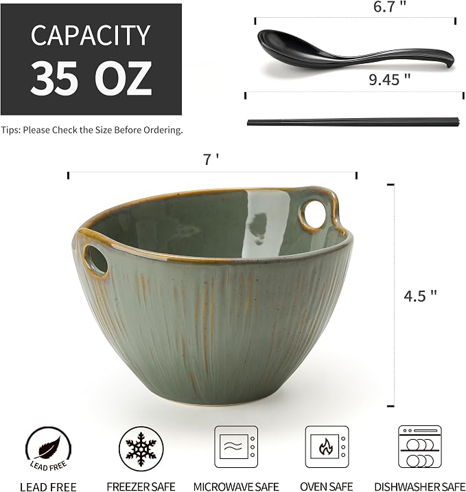 Ramen Bowl with Chopsticks and Spoons Set, 7 Inch Ceramic Noodle Bowl Set of 2, Donburi Bowl Dishwasher Safe for Pho Udon Soba Noodle Salad Pasta, Special Wild Sage Earth Bowls Set