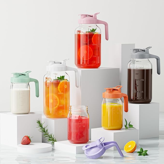 Glass Mason Jar Pitcher, 64 oz Wide Mouth Jug with Pour Spout Handle Lid for Cold Brew Coffee, Ice Beverage, Iced Juice, Lemonade, Sun Tea, Fruit Drinks Container（Purple）