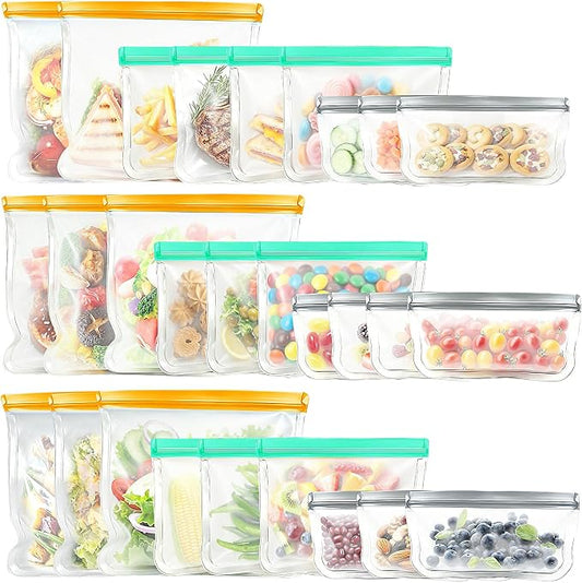 28 Pack Reusable Freezer Bags Food Storage Bags, BPA Free Reusable Bags, Food Storage Containers for Meal Prep Containers, Salad Fruit,Vegetables, Dishwasher Safe, 8 Gallon 10 Sandwich 10 Snack