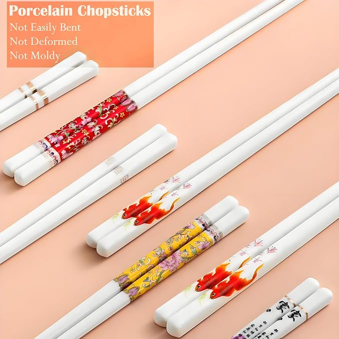 Ceramic Chopsticks Reusable,5 Pairs Porcelain Chop sticks,Red Fish,9.7'' | Easy to Clean,Dishwasher Safe,Heat Resistant,with a Gift case,Cooking Chopsticks,High-grade Bone China Porcelain