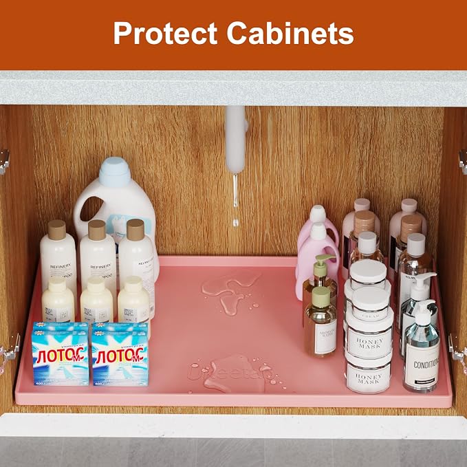 ukeetap 22" x 19" Extra Thick Silicone Mat Waterproof with Raised Edge, Under Sink Mat for Kitchen & Bathroom, Kitchen Cabinet Liner, Multi-Purpose for Storage & Protection, Pink