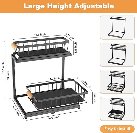 Under Sink Organizer, 2 Tier Under Sink Organizers and Storage, Slide Out Pull Out Cabinet Organizer Shelf, Metal Sliding Drawer for Kitchen Bathroom Pantry Cabinet Closet Organization Rack