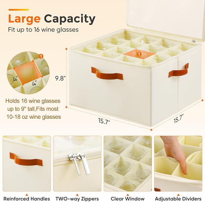 Foyego Wine Glass Storage Box, 2 Pack, Beige | 32 Adjustable Dividers, Hard Shell, Stackable China Storage Containers Holds Stemware, Glassware, Crystal for Packing&Moving