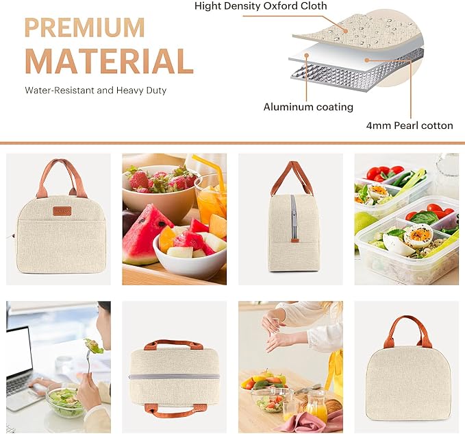 Lunch Bag for Women & Men Adult Insulated Lunch Box, Small Leakproof Cooler Food Lunch Containers Reusable High Capacity Lunch Tote Bags for Work, Travel, Outdoor (Beige)