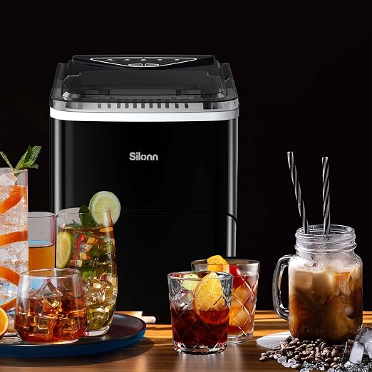 Silonn Ice Maker Countertop, 9 Cubes Ready in 6 Mins, 26lbs in 24Hrs, Self-Cleaning Ice Machine with Ice Scoop and Basket, 2 Sizes of Bullet Ice for Home Kitchen Office Bar Party