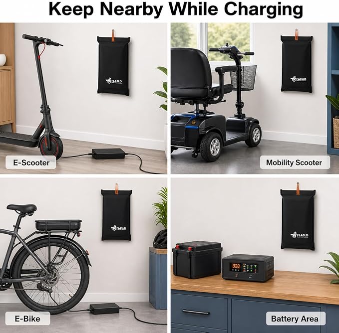 FLASLD Fireproof Lithium Battery Cover, Fastest & Simplest Way to Isolate and Extinguish Small Fires, Fire Blanket for E-Scooter and E-Bike Battery Storage Charging Protection
